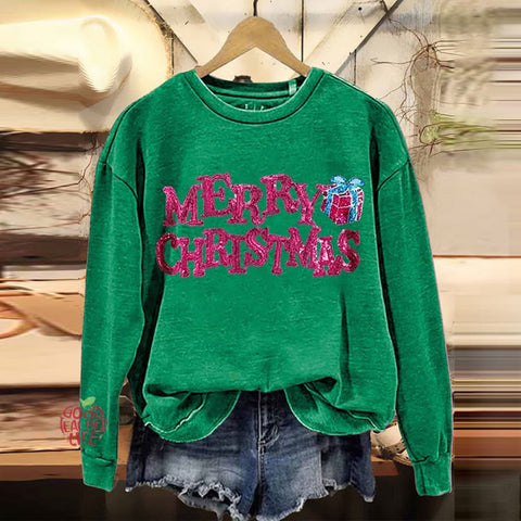 Merry Christmas Embroidered Crew Neck Sweatshirt