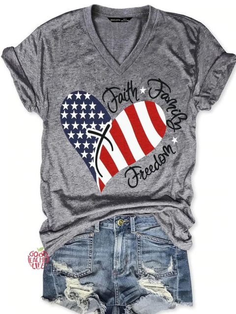 American Flag Print Faith Family Freedom Letter Casual Short Sleeve T-Shirt