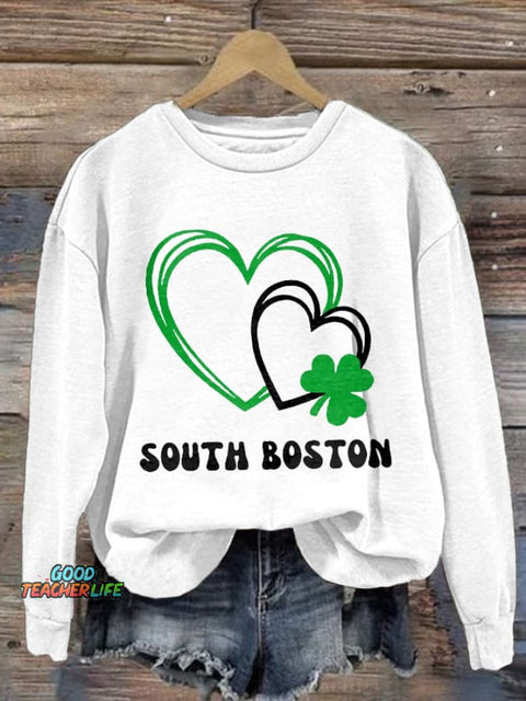 Retro St Patrick's Day Love Heart Shamrock South Boston Print Sweatshirt