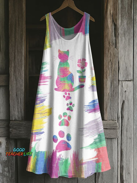Cat Art Print Casual Cotton and Linen Vest Maxi Dress