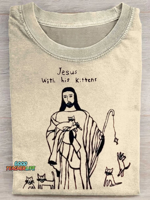 Jesus With His Kitten Art Print Casual Short Sleeve T-shirt