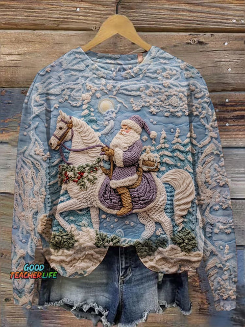 Winter Santa and Horse Art Print Casual Sweatshirt