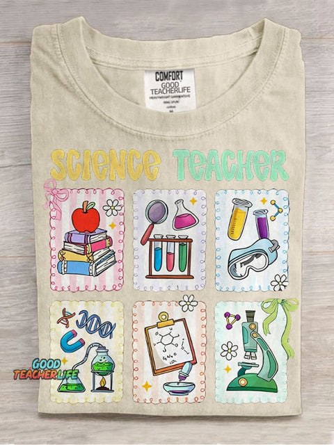 Cute Scientific Equipment Icons Science Teacher Casual Print T-shirt