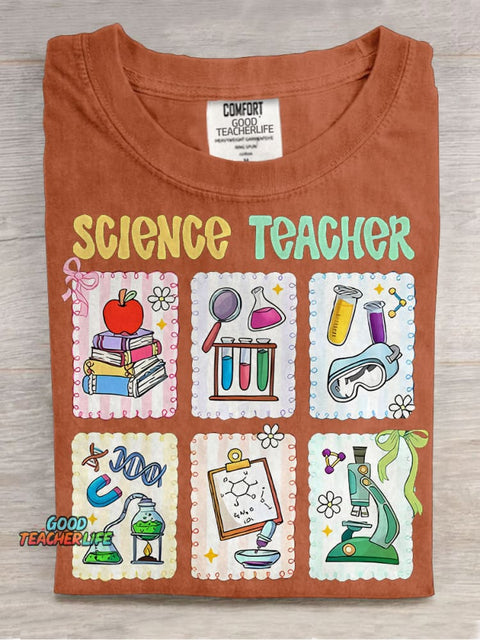 Cute Scientific Equipment Icons Science Teacher Casual Print T-shirt