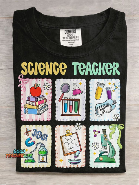 Cute Scientific Equipment Icons Science Teacher Casual Print T-shirt
