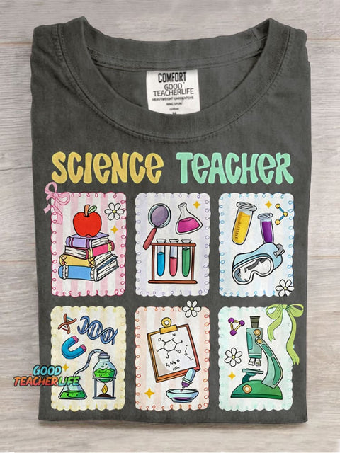 Cute Scientific Equipment Icons Science Teacher Casual Print T-shirt