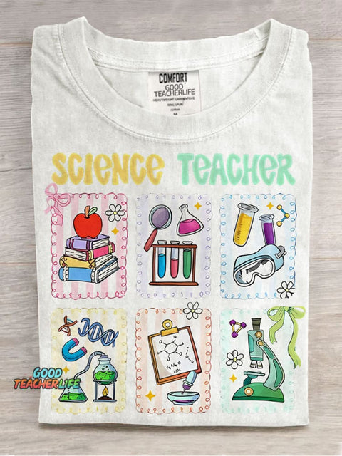 Cute Scientific Equipment Icons Science Teacher Casual Print T-shirt