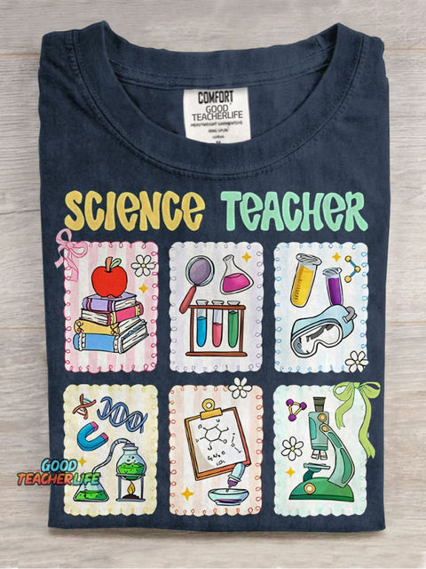 Cute Scientific Equipment Icons Science Teacher Casual Print T-shirt