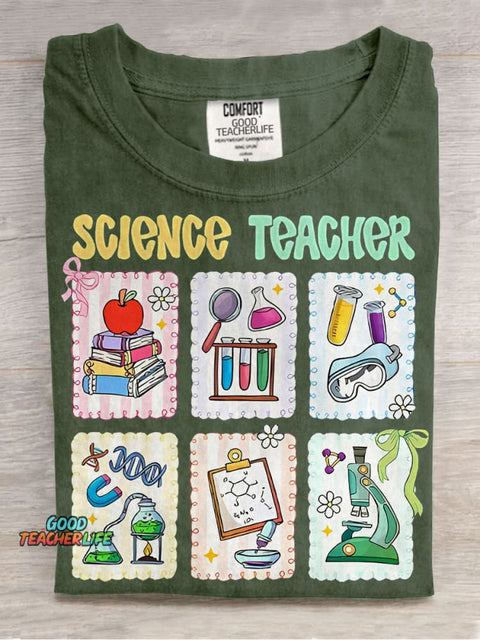 Cute Scientific Equipment Icons Science Teacher Casual Print T-shirt