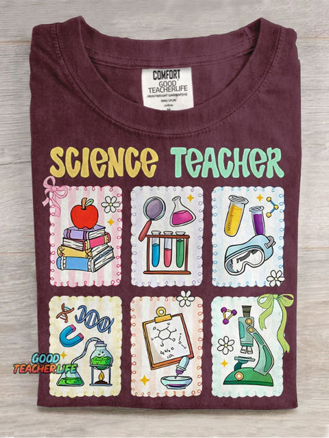 Cute Scientific Equipment Icons Science Teacher Casual Print T-shirt