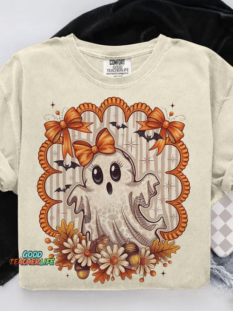Cute Ghost Fall Halloween Flowers Casual Print T-shirt