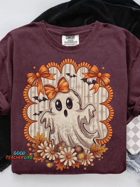 Cute Ghost Fall Halloween Flowers Casual Print T-shirt