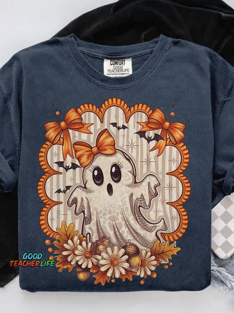 Cute Ghost Fall Halloween Flowers Casual Print T-shirt