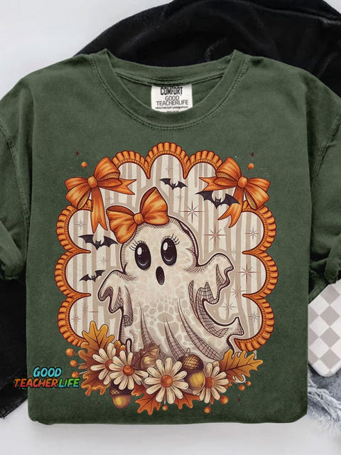Cute Ghost Fall Halloween Flowers Casual Print T-shirt
