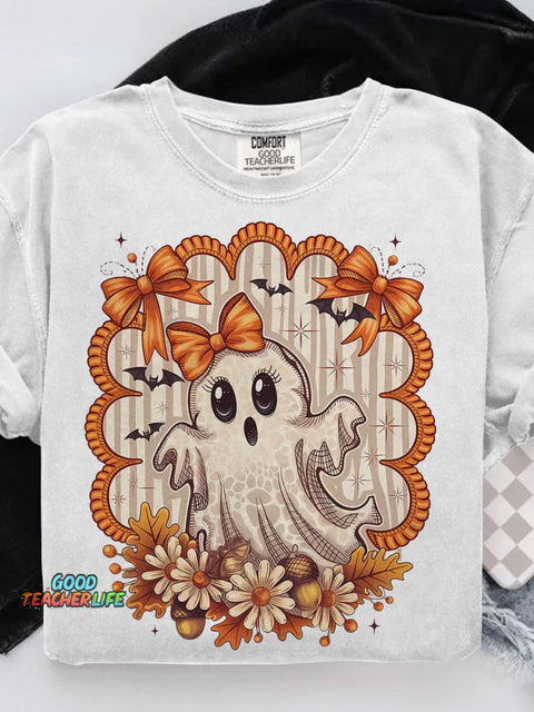 Cute Ghost Fall Halloween Flowers Casual Print T-shirt