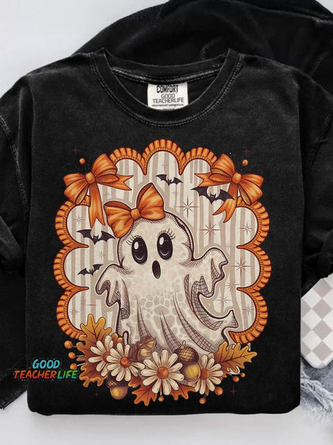 Cute Ghost Fall Halloween Flowers Casual Print T-shirt