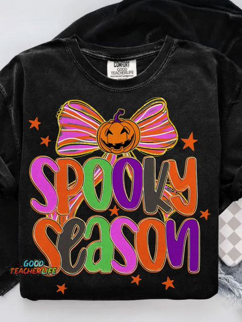 Spooky Season Halloween Coquette Preppy Pumpkin Bow Casual Print T-shirt