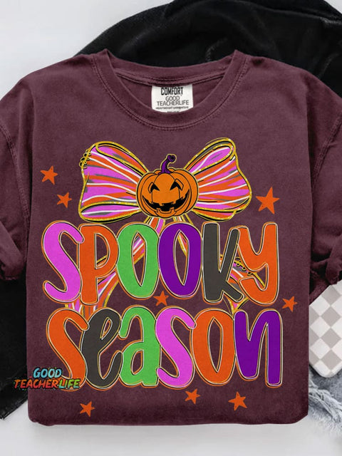 Spooky Season Halloween Coquette Preppy Pumpkin Bow Casual Print T-shirt