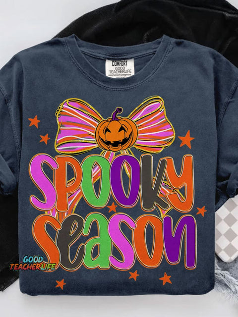 Spooky Season Halloween Coquette Preppy Pumpkin Bow Casual Print T-shirt
