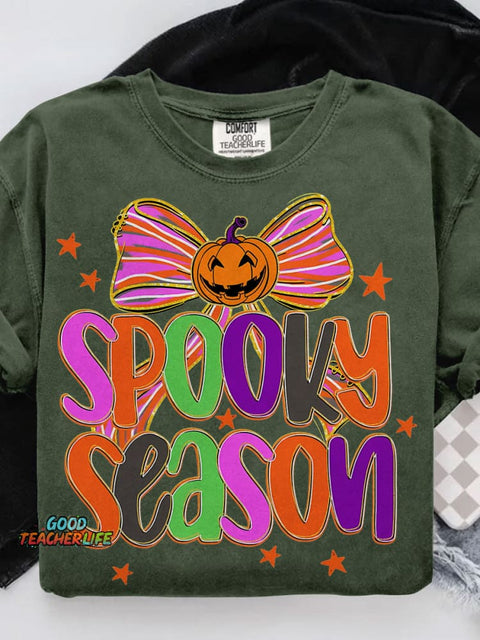 Spooky Season Halloween Coquette Preppy Pumpkin Bow Casual Print T-shirt