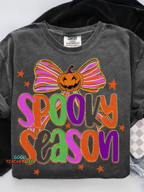 Spooky Season Halloween Coquette Preppy Pumpkin Bow Casual Print T-shirt
