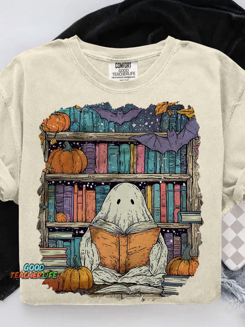 Ghost Reading Book Casual Print T-shirt