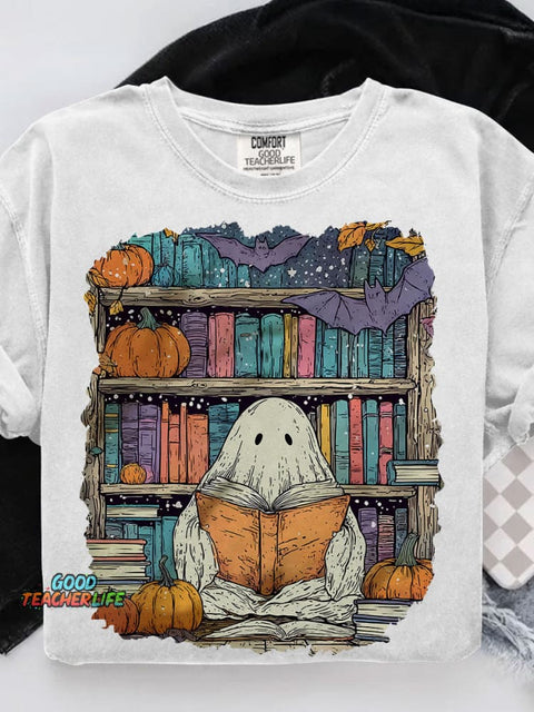 Ghost Reading Book Casual Print T-shirt