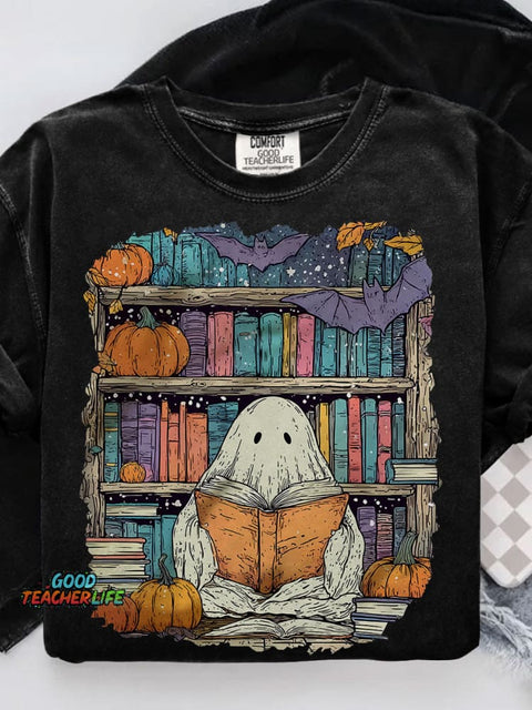 Ghost Reading Book Casual Print T-shirt
