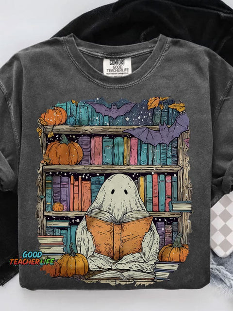 Ghost Reading Book Casual Print T-shirt
