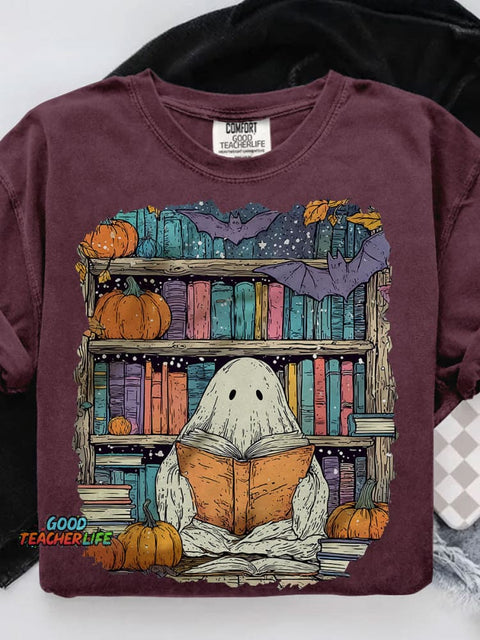 Ghost Reading Book Casual Print T-shirt