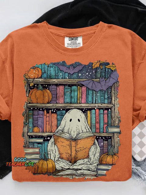 Ghost Reading Book Casual Print T-shirt