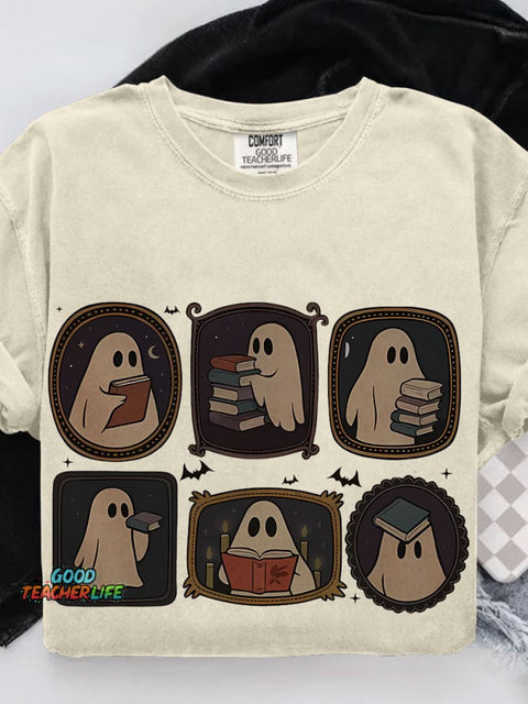 Ghost Reading Book Book Lover for Halloween Casual Print T-shirt