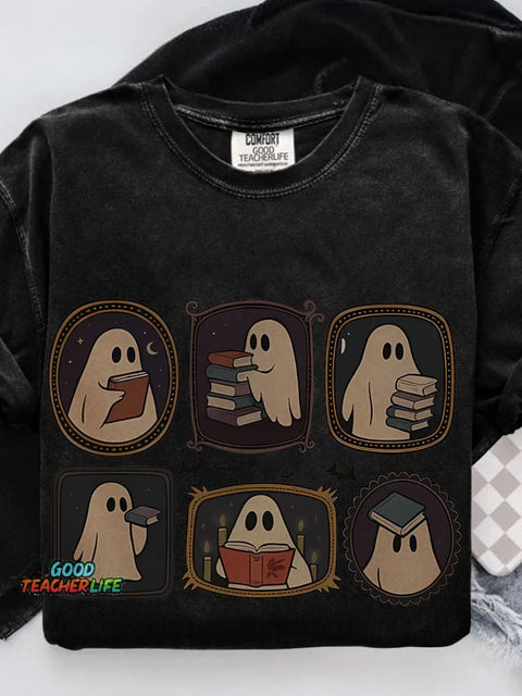 Ghost Reading Book Book Lover for Halloween Casual Print T-shirt