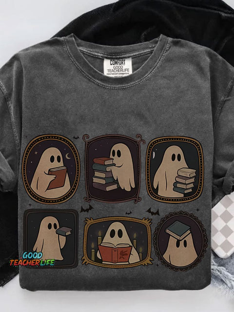 Ghost Reading Book Book Lover for Halloween Casual Print T-shirt