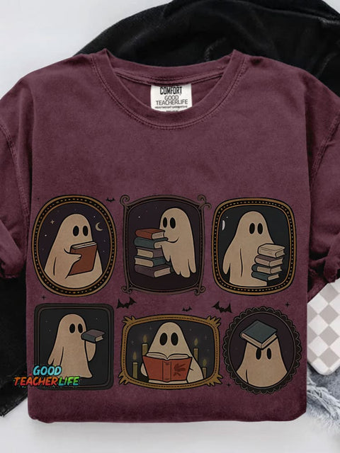 Ghost Reading Book Book Lover for Halloween Casual Print T-shirt