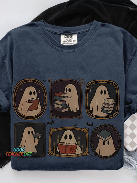 Ghost Reading Book Book Lover for Halloween Casual Print T-shirt