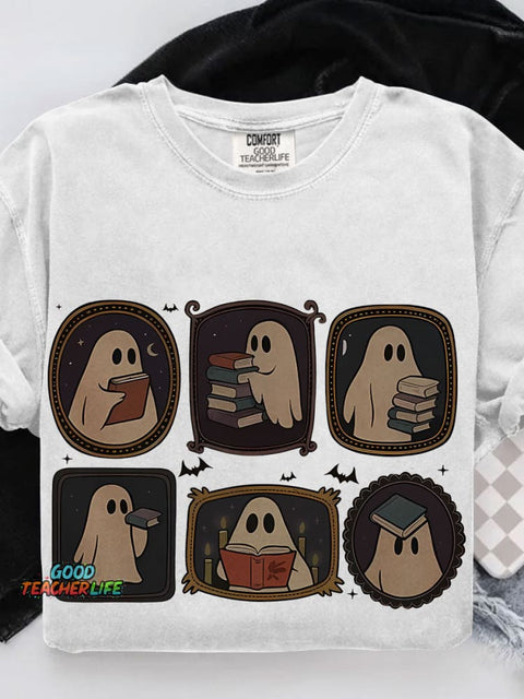 Ghost Reading Book Book Lover for Halloween Casual Print T-shirt