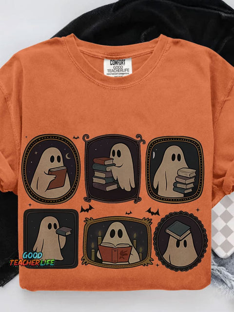 Ghost Reading Book Book Lover for Halloween Casual Print T-shirt