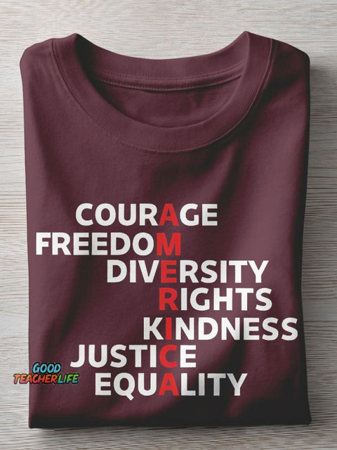 Courage Freedom Diversity Right Kindness Justice Equality America Teacher Casual Print T-shirt