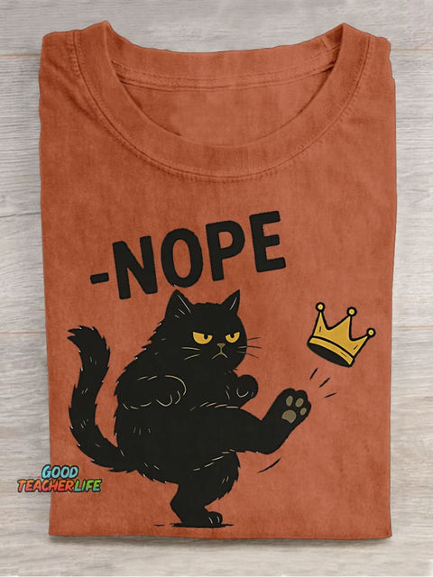 Nope Cat Teacher Casual Print T-shirt