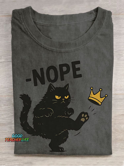 Nope Cat Teacher Casual Print T-shirt