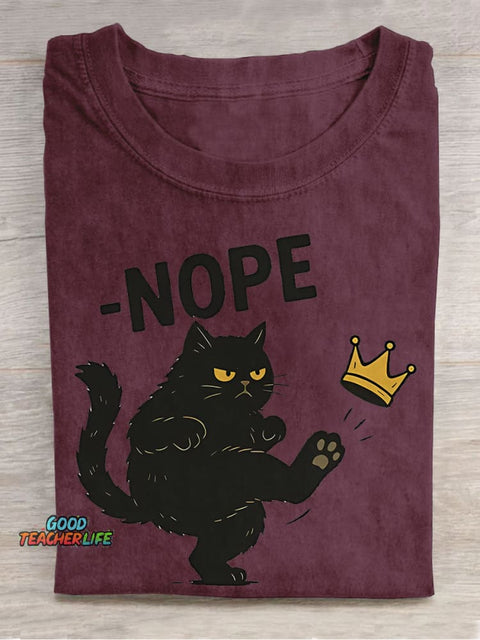Nope Cat Teacher Casual Print T-shirt