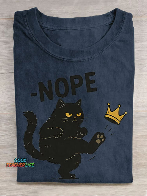 Nope Cat Teacher Casual Print T-shirt
