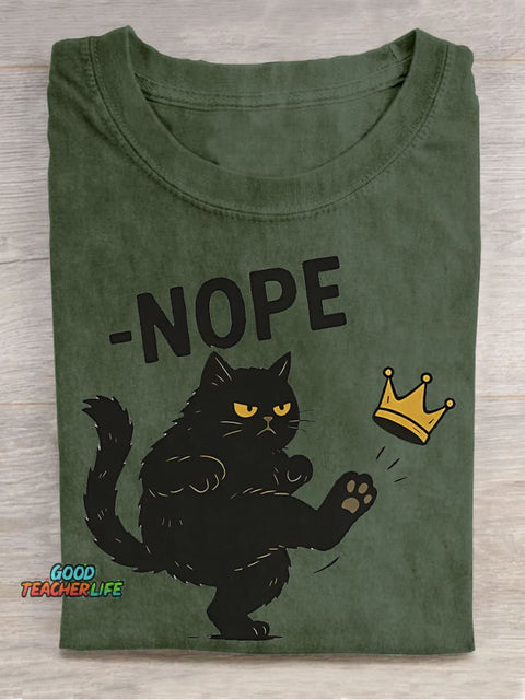 Nope Cat Teacher Casual Print T-shirt