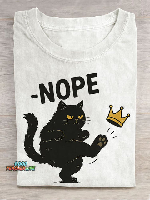 Nope Cat Teacher Casual Print T-shirt