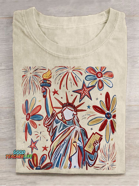 Retro 4th July Statue Of Liberty American Girl Teacher Casual Print T-shirt