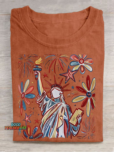 Retro 4th July Statue Of Liberty American Girl Teacher Casual Print T-shirt
