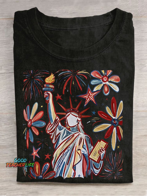 Retro 4th July Statue Of Liberty American Girl Teacher Casual Print T-shirt