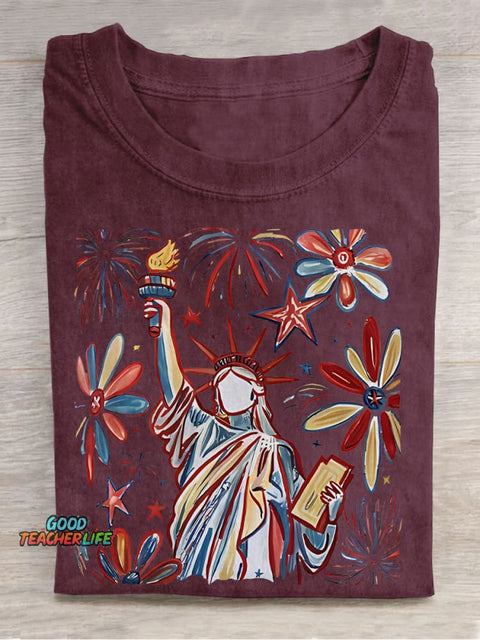 Retro 4th July Statue Of Liberty American Girl Teacher Casual Print T-shirt