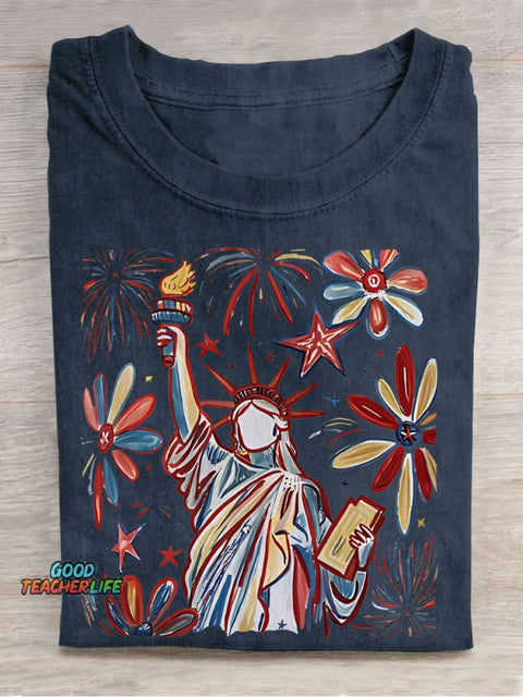 Retro 4th July Statue Of Liberty American Girl Teacher Casual Print T-shirt
